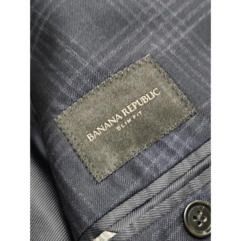 Banana Republic Slim Fit Navy Glen Plaid Marzotto Super 100s Wool Blazer 46 Long